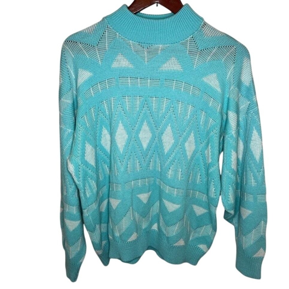Vintage 1980 Sweaters by Jolie Geometric Patterned Blue and White Sweater Retro